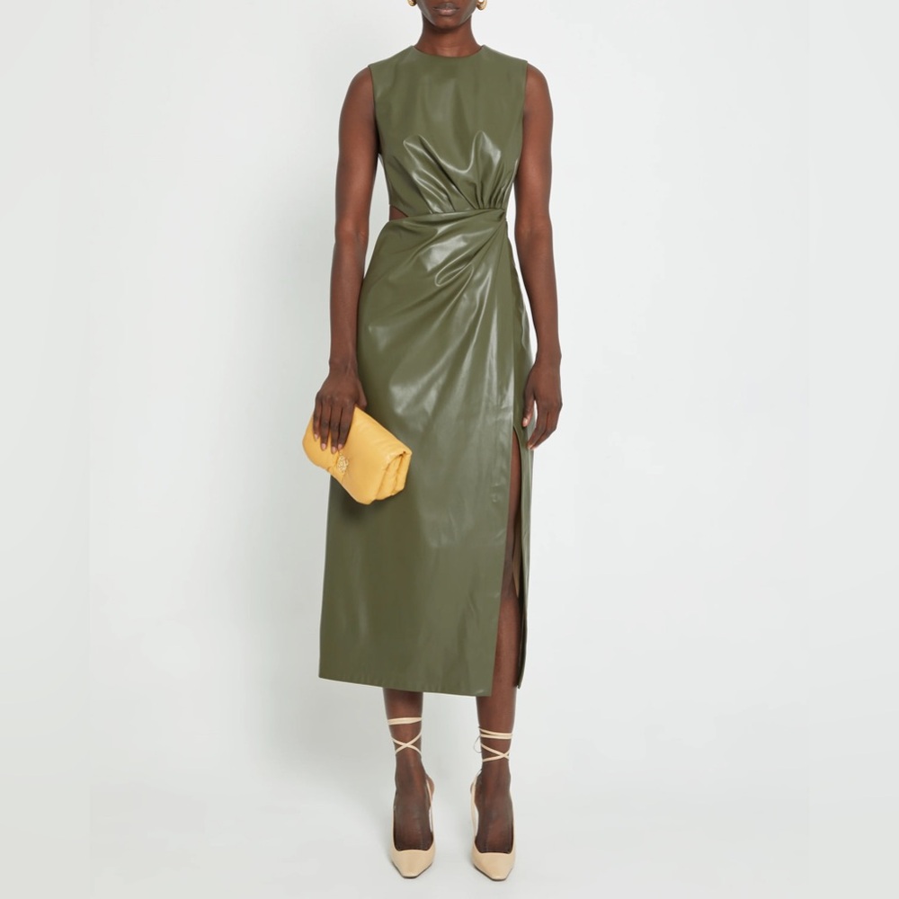 Olive vegan leather cut out dress